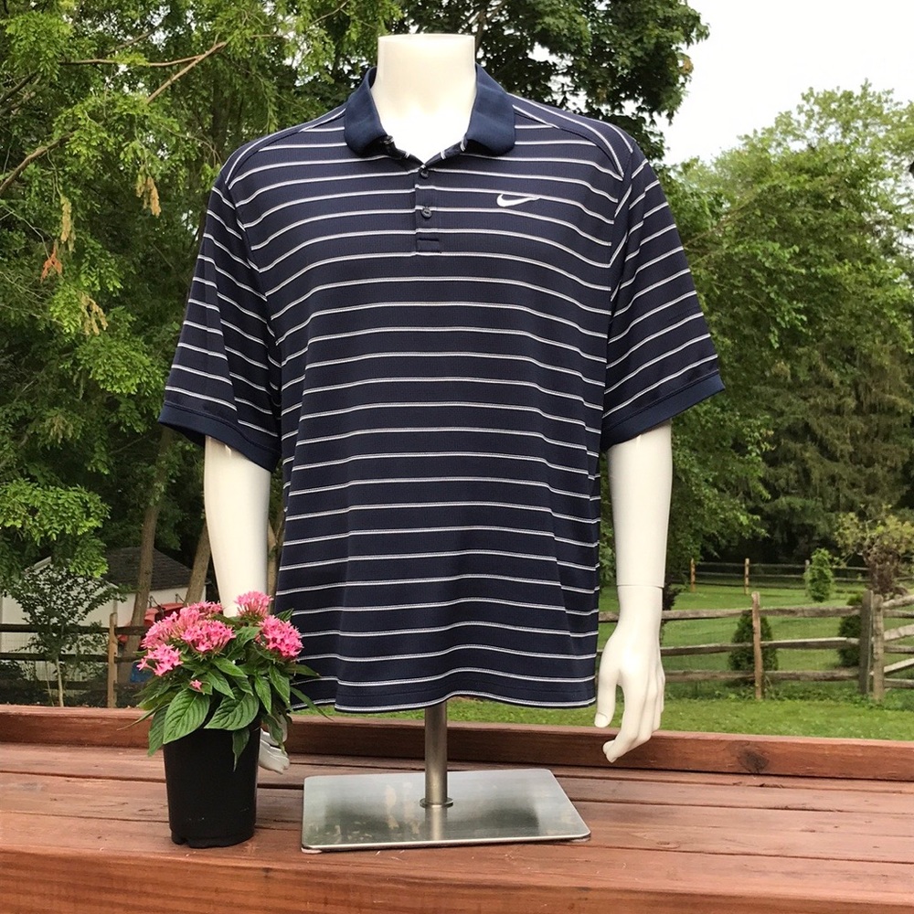 Nike Dri-Fit Polo Mens XL Shirt Blue White Stripes Short Sleeve - Picture 1 of 9